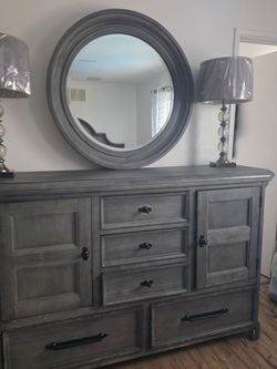 6 door chest drawer, grey w/ dresser and mirror and a king bed frame only the frame NO Mattress