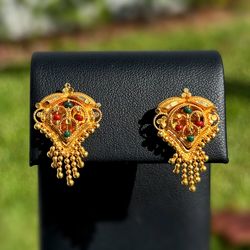 Jewelry Art-Deco 20k solid yellow gold ball filigree work red green stones stud screw earrings