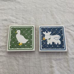Ceramic Square Coaster Set of 2, 4 1/2 Inch, Floral Animal Duck Cow, Non-Slip