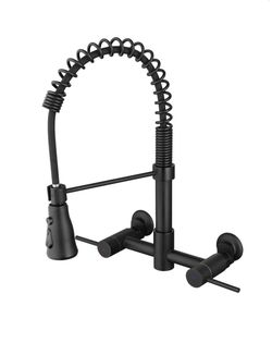 Doubel Handle Wall Mount Gooseneck Pull Down Sprayer Kitchen Sink Faucet Commercial Stainless Steel Taps in Matte Black