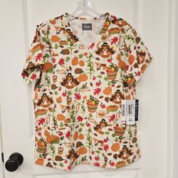 Butter-Soft Originals Farmhouse Thanksgiving Cream Women's 4-Pocket Rounded V-Neck Print Scrub Top
NWT Large 