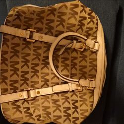 Michael Kors Logo Satchel Top Handle Zip Medium Beige/Brown Gold Charm
