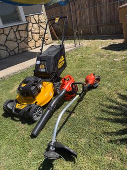 3-piece gas-powered lawn care kit: DeWalt and ECHO trimmers, plus an ECHO leaf blower all in good working order.