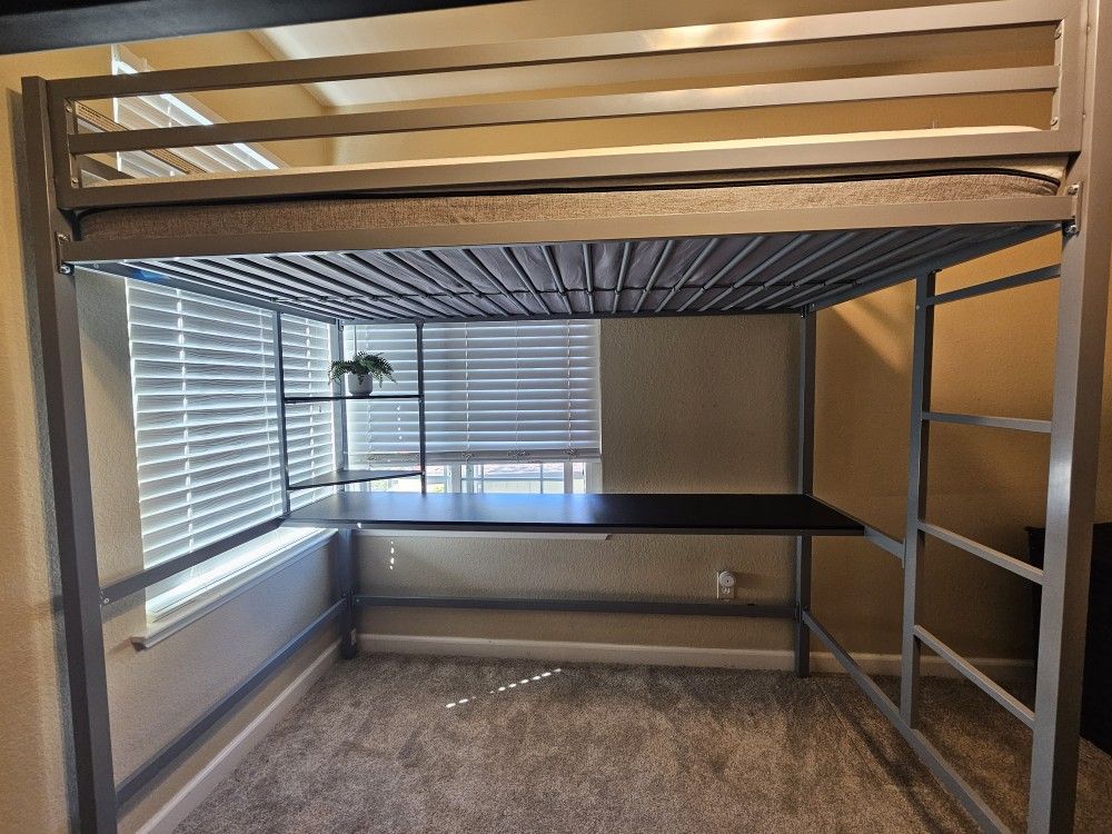 Metal Twin Loft Bed with Desk & Shelves, grey