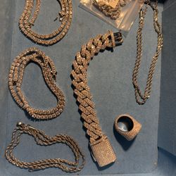 Lab Diamond Moissanite Cuban Link Tennis Chain Ring Bundle 