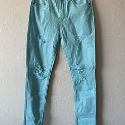 Agorss, NWOT Women’s Teal Blue Distressed Skinny Leg Pockets Pants, Size 15