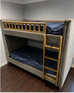 Authentic RH Restoration Hardware Upholstered Twin Bunk Bed + Mattresses