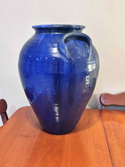 Vintage Blue Glazed Ceramic Floor Vase 20”H Opening 9.5”