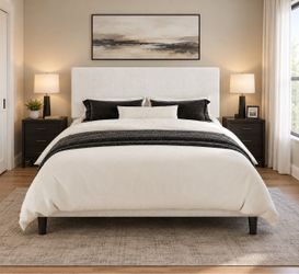 King Size Bed Frame, Platform Bed Frame with Upholstered Adjustable Headboard, White, Nubby Fabric