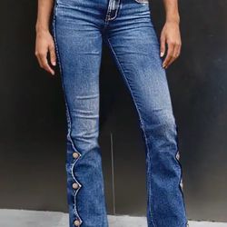 Flamingals raw hem button side mid waist boot cut jeans
