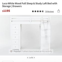 New ! Luca White Wood Full Sleep & Study Loft Bed with Storage | Drawers