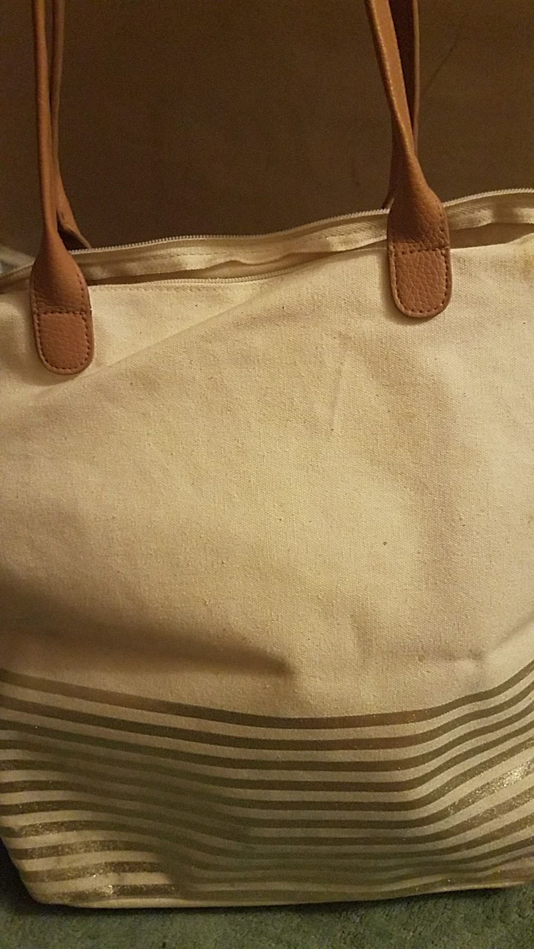 Cream Gold and Tan zipper tote