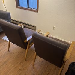 Mid-Century Style Lounge Chairs Set of 2 - Solid Wood + Faux Suede Upholstery