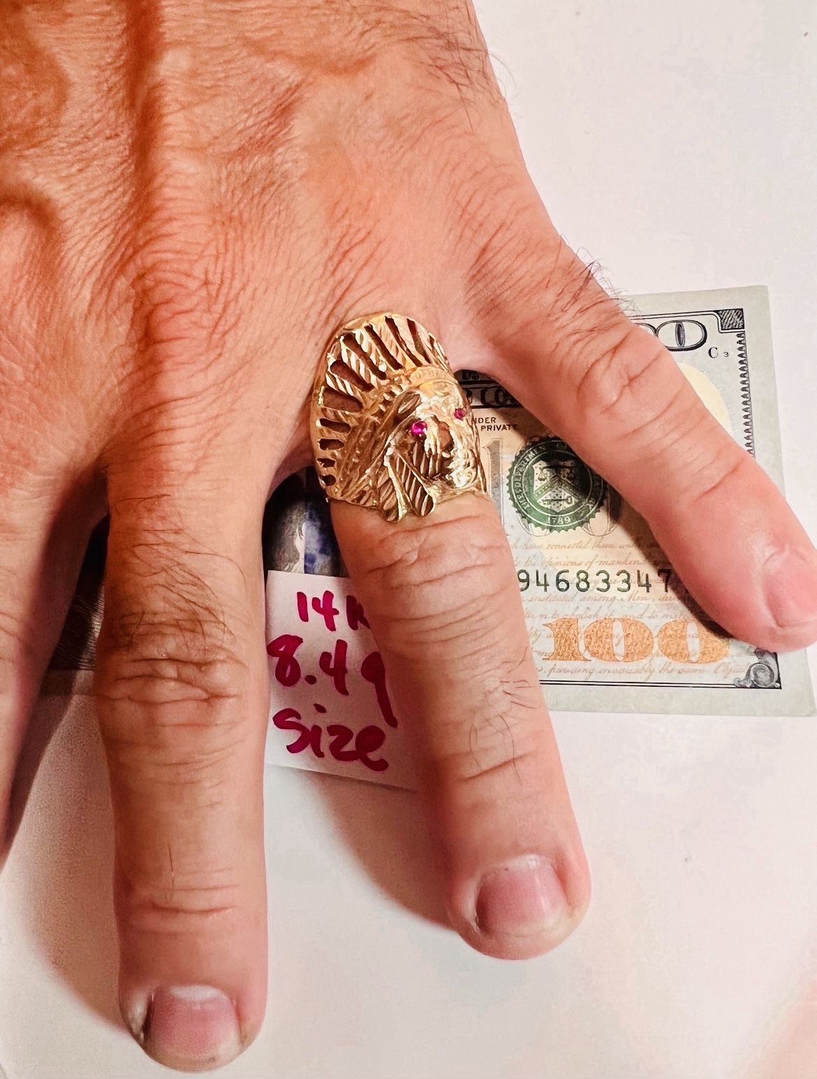 14K Solid Gold Indian Head Ring For Wedding 8.4Gr Size 9.5
