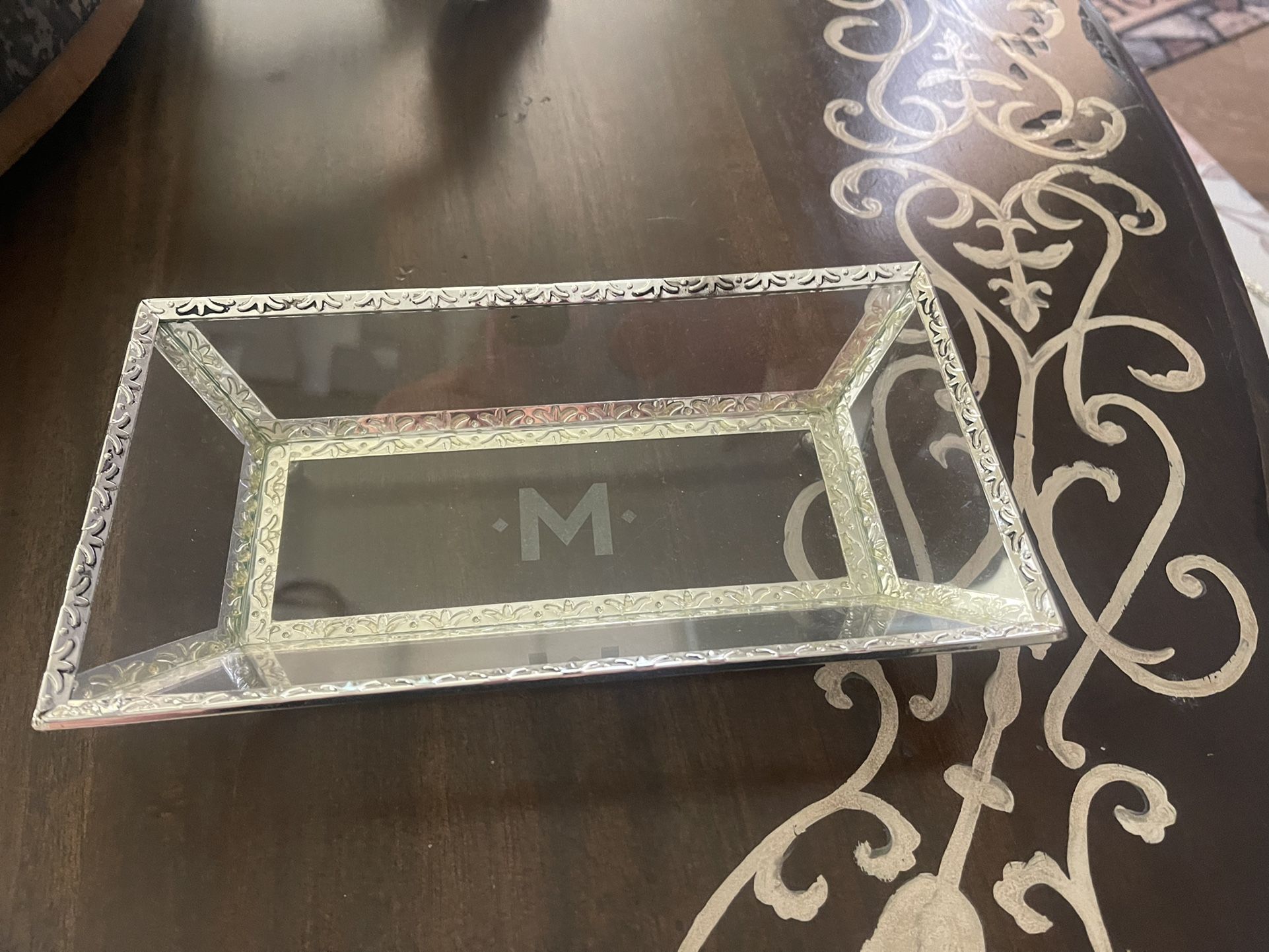 pottery barn antique silver trinket tray glass