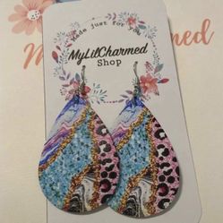 Handmade Multicolor Womens animal print blue gold Teardrop Earrings. NEW