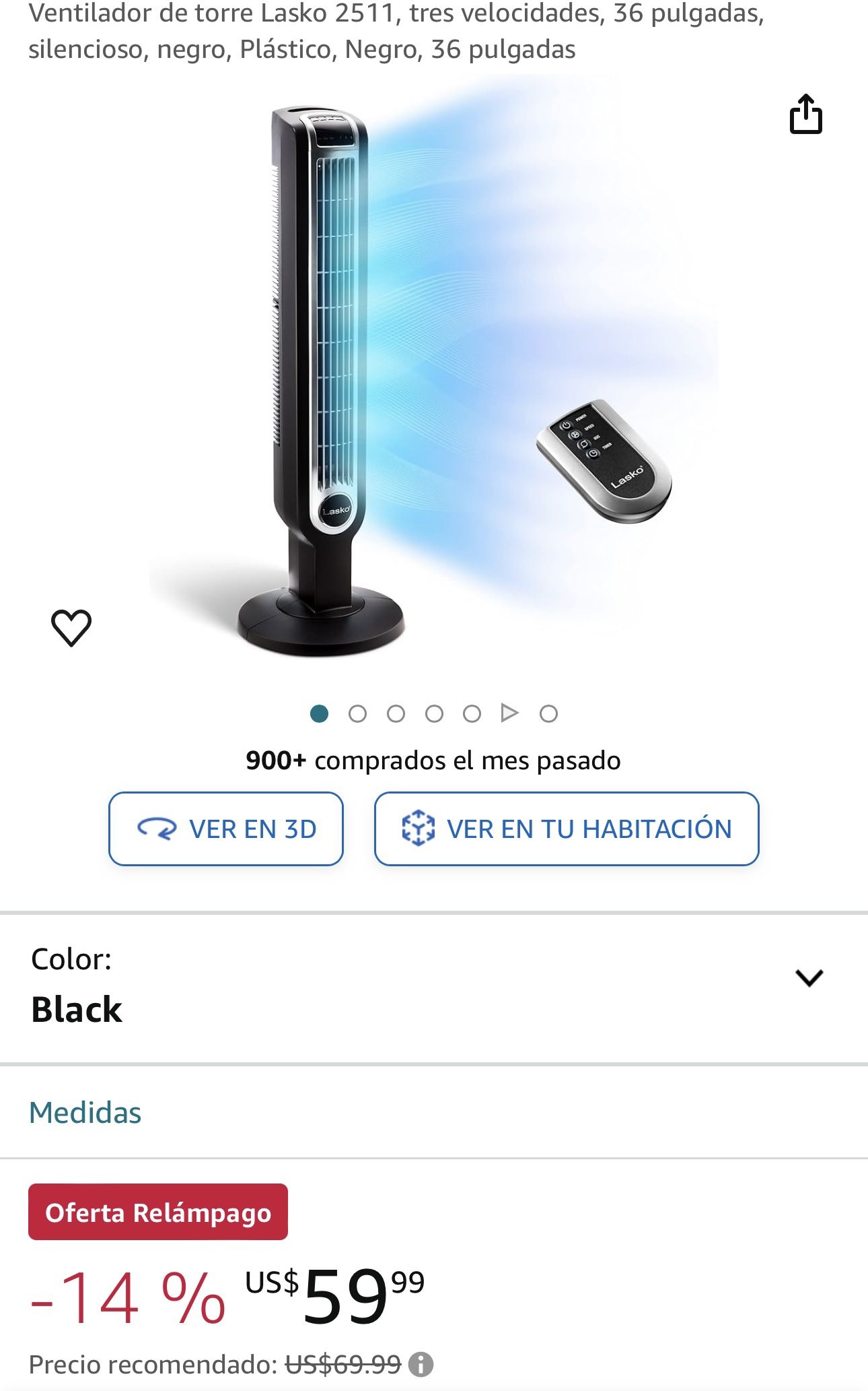 Ventilador de torre Lasko 2511, tres velocidades, 36 pulgadas, silencioso, negro, Plástico, Negro, 36 pulgadas