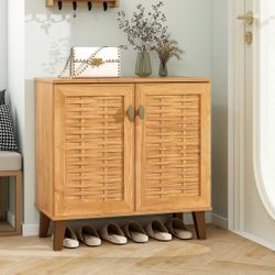 Assembled New Shoe Cabinet with 2 Doors, 4-Tier Farmhouse Shoe Storage Organizer w/ 3 Removable Shelves, Rustic Freestanding Storage Cabinet