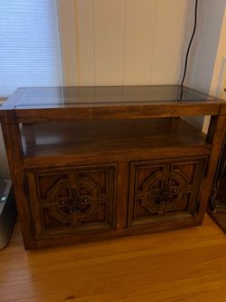 American of Martinsville Vintage Oak Media Cabinet / Console with Smoked Glass