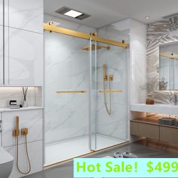 60 in. W x 76 in. H Double Sliding Frameless Shower Door in  with Smooth Sliding and 3/8 in. Glass https://offerup.com/redirect/?o=aG90LnNhbGU=