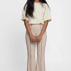 Derek Heart Cream Flared Seam-Trim Knit Pants - High Waisted 