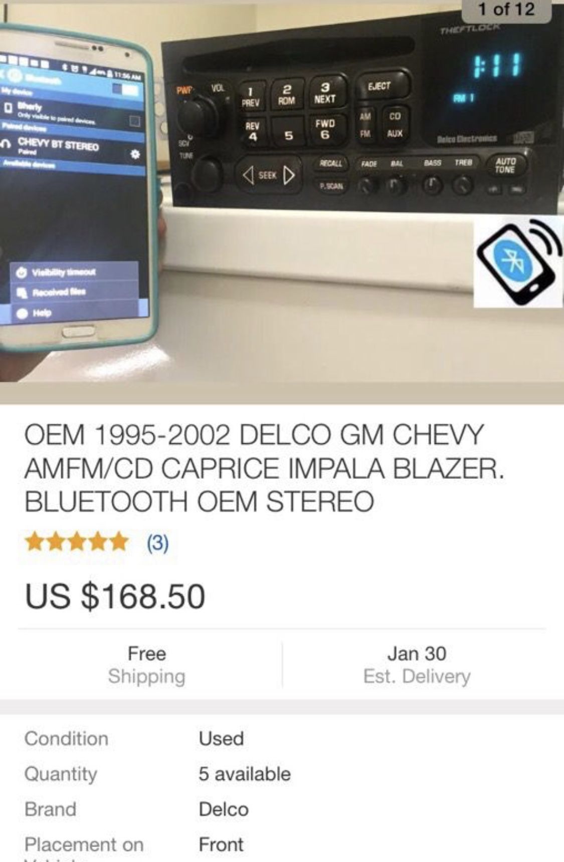 OEM 1995-2002 DELCO GM CHEVY AMFM/CD CAPRICE IMPALA BLAZER. BLUETOOTH OEM STEREO