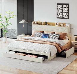 Upholstered Bed Frame with Storage Headboard and Drawers