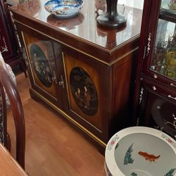 Vtg.Solid Wood Cabinet Inlay Asian Motifs 