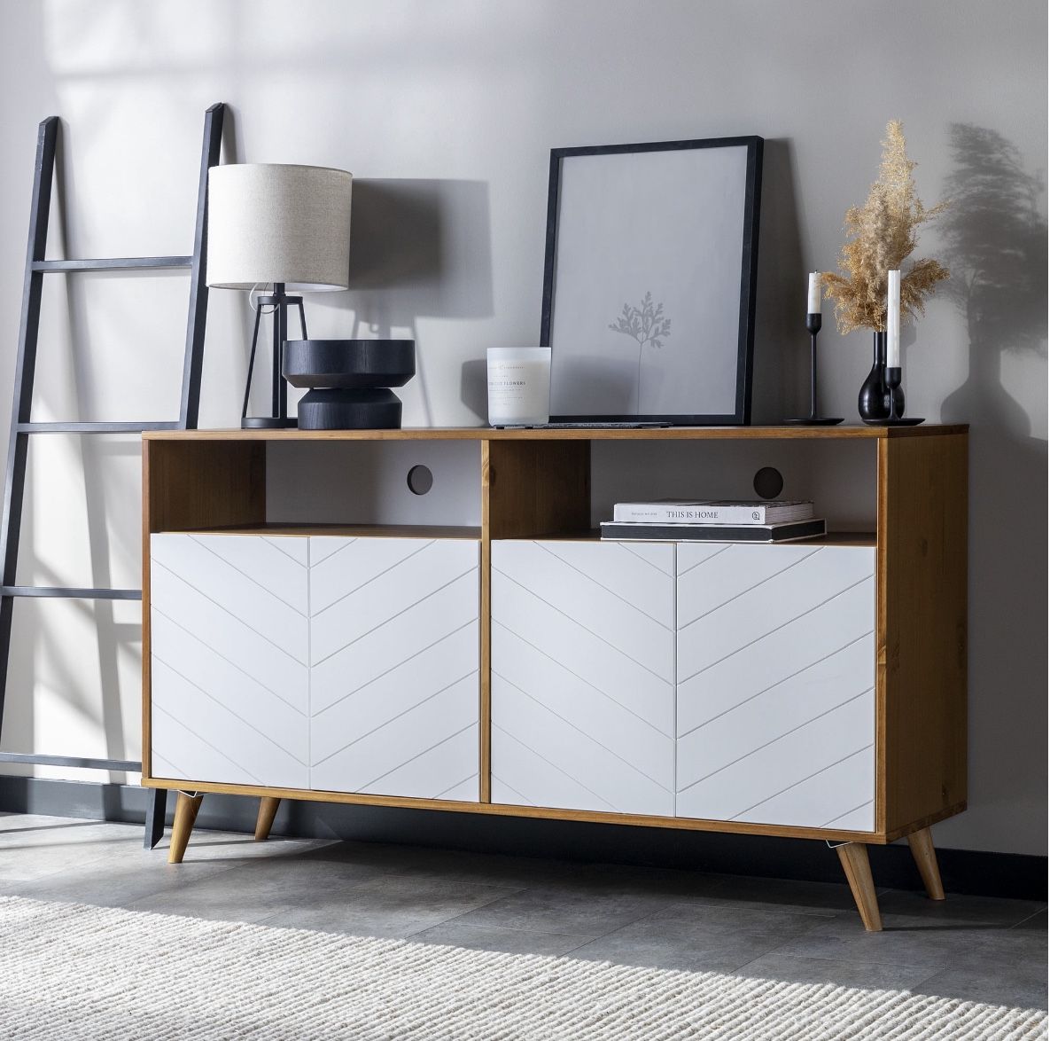 Manor Park Boho Chevron Door TV Stand ( White / Carmel )