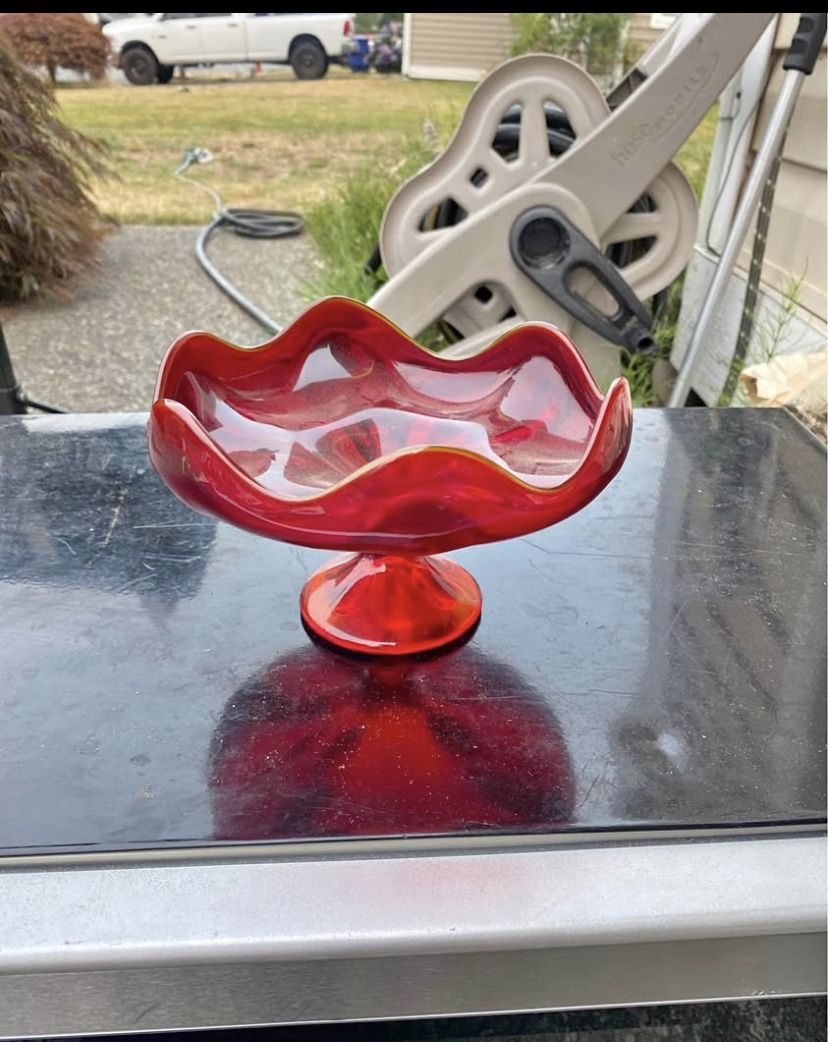 Vintage Viking Mid Century Glass Persimmon Pedestal Compote Bowl