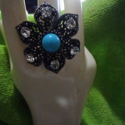 Large Flower Turquoise Button Cocktail Ring