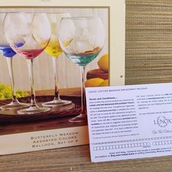 Set of 4 Lenox Butterfly Meadow Etched Balloon Wine Glass Goblet