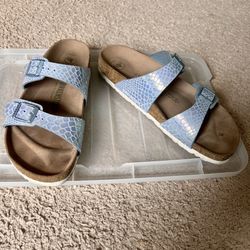 Birkenstock Vegan Arizona Iridescent Shiny Python In Blue Size 41