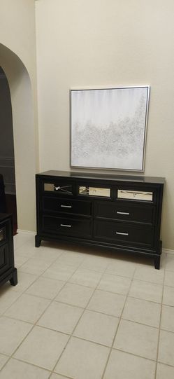 Modern Black Dresser and Mirror Set with Mirrored Accents