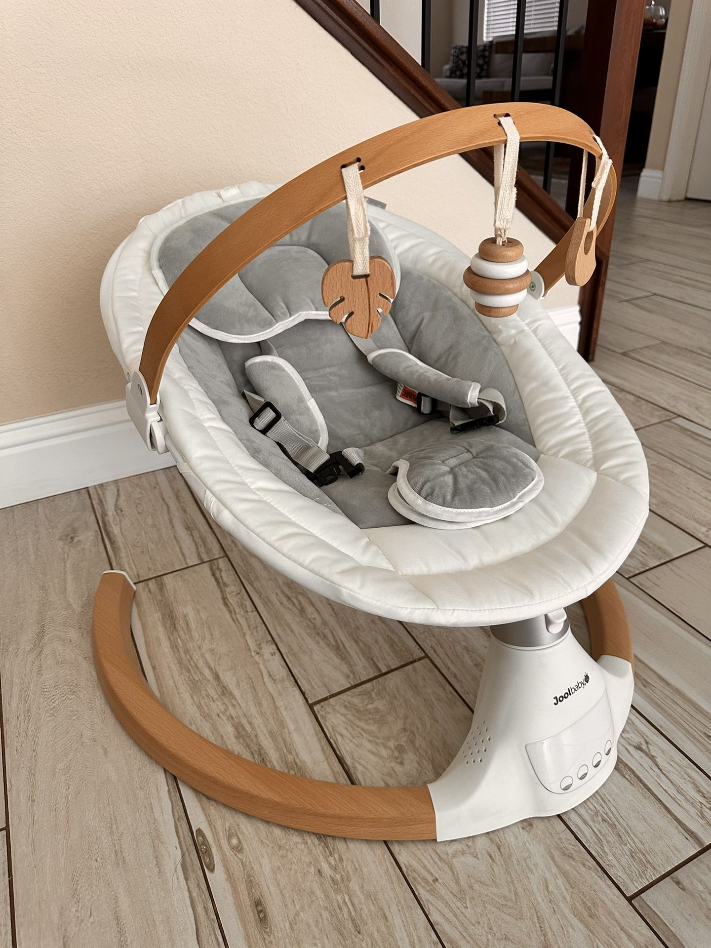 Jool Baby Nova Nature Baby Swing for Newborns with Natural Wood Toys, Electric Motorized Infant Swing