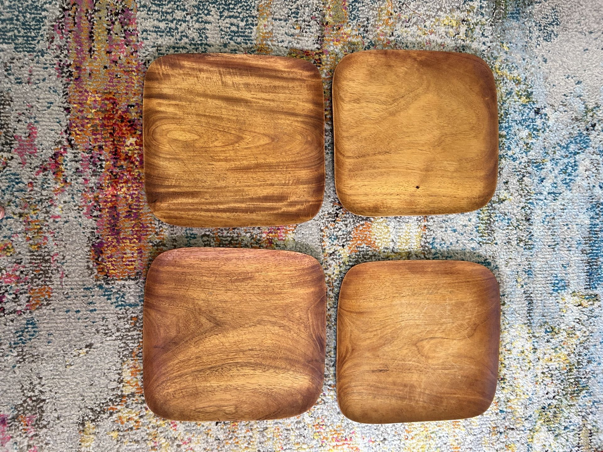 set of 4 wooden mahogany wood vintage Mcm square plates chargers bellvue craft Haiti