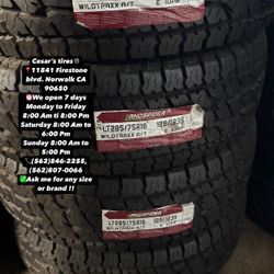 LT285/75R16 LANDSPIDER AT A SET OF FOUR NEW TIRES, INCLUDES MOUNTING AND BALANCING WITH WARRANTY, ASK  ME FOR ANY SIZE OR BRAND, WE HAVE THE BEST PRIC