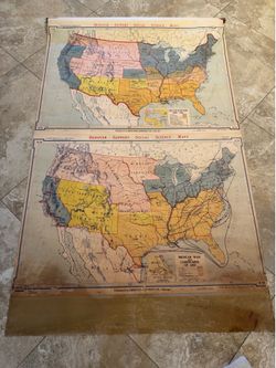 Vintage 1954 Denoyer-Geppert school pull-down maps showing 19th-century United States history,