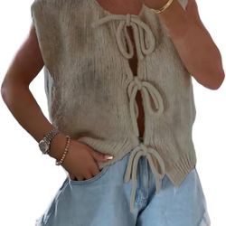 L size Women's Sleeveless Bow-Tie Front Vest Casual Sweater(pls choose khaki,beige or grey)