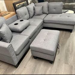 Grey Taupe Sectional Sofa With Storage Ottoman 