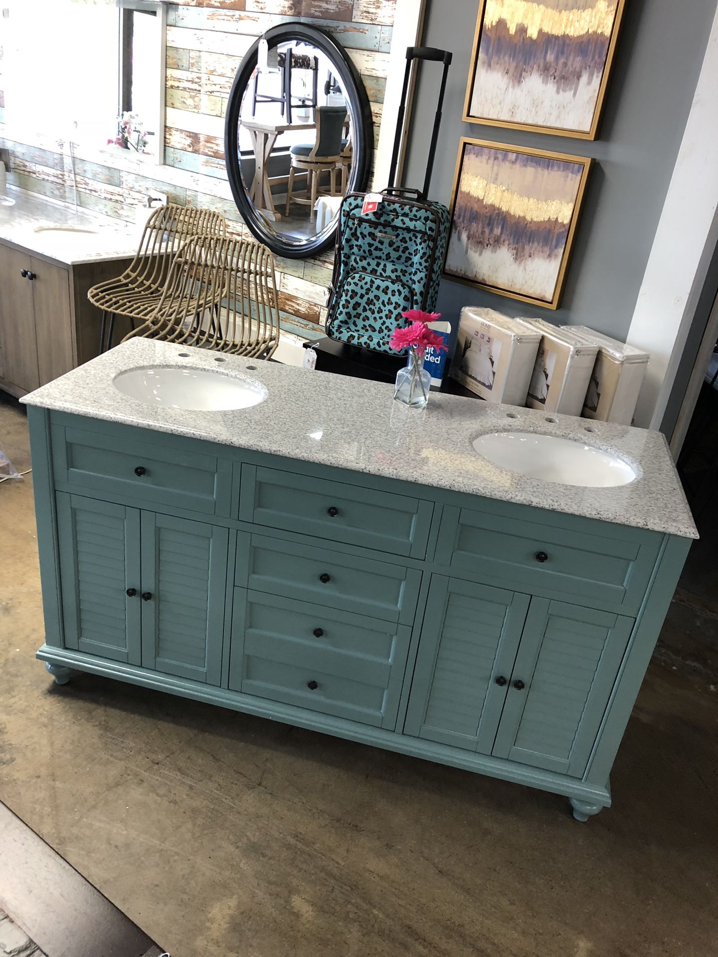 HDC Hamilton 61โ Shutter Vanity w/Granite Top โ Sea Glass