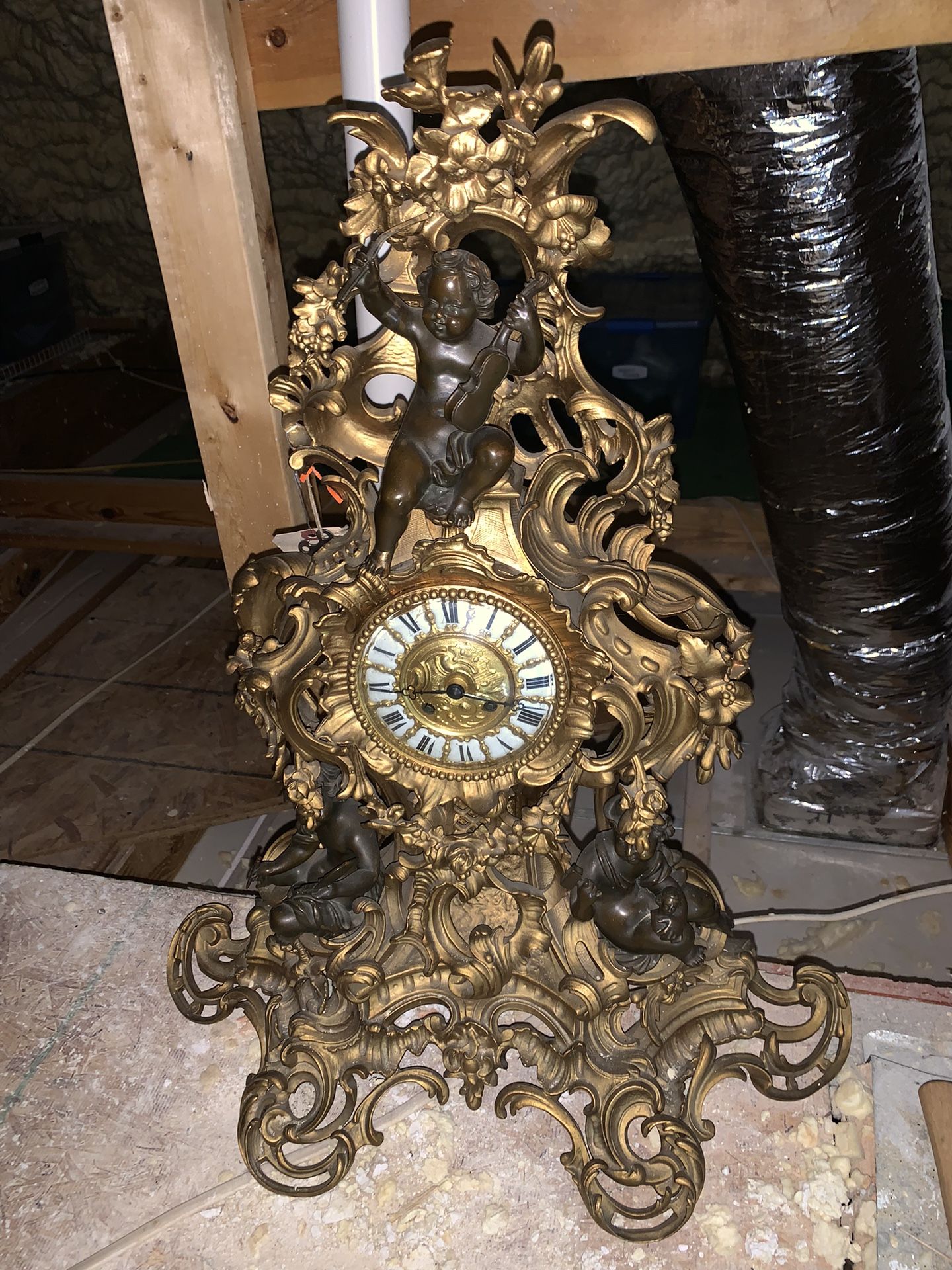 french guilt bronze and patinated bronze rococo figural shelf clock cherubs 28” high