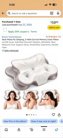 Neck Pillow for Sleeping, 3-Hole Cervical Memory Foam Pillow Ice Silk Cover, Side Back Stomach Sleepers, Washable, Slow Rebound, Four Support Zones, B