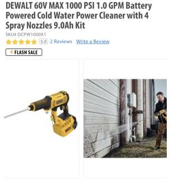 DEWALT 60V MAX 1000 PSI 1.0 GPM Battery Powered Cold Water Power Cleaner with 4 Spray Nozzles 9.0Ah Kit