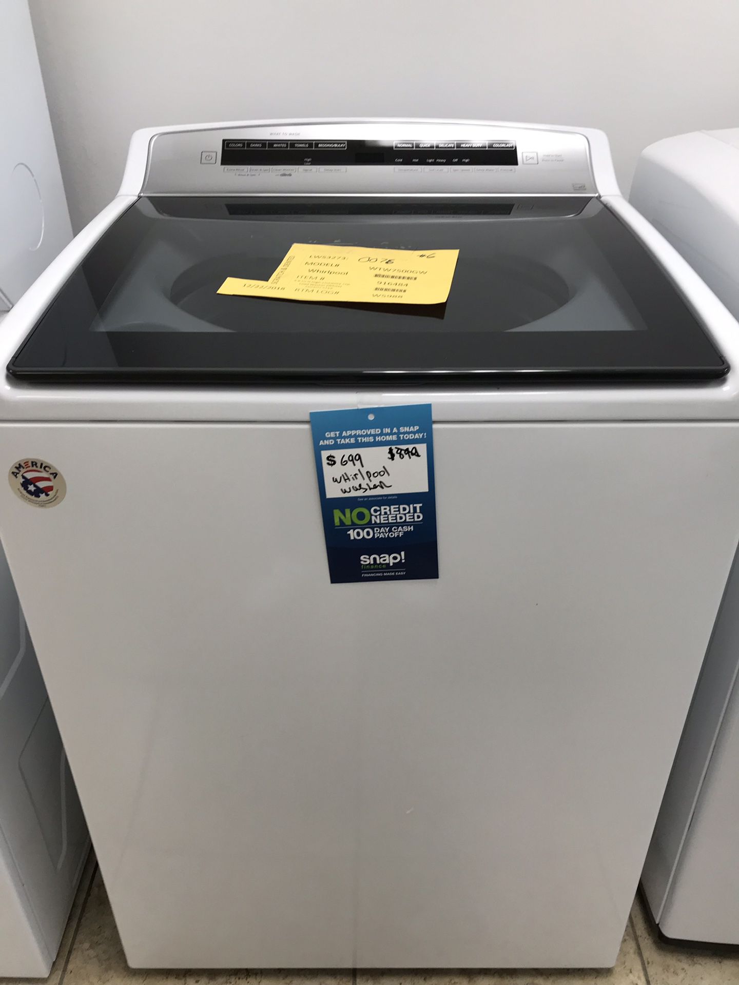 Whirlpool 4.8 cu. ft. HIGH-EFFICIENCY Whit Top Load Washer Full one year warranty take home for $39 down