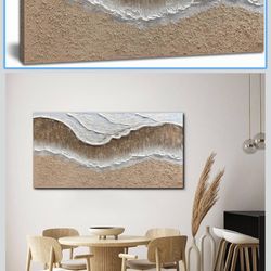 Large Coastal Canvas Wall Art for Living Room 20x40 Inch Hand Painted White Ocean Textured Seascape Oil Painting Beach Artwork for Bedroom Office Home