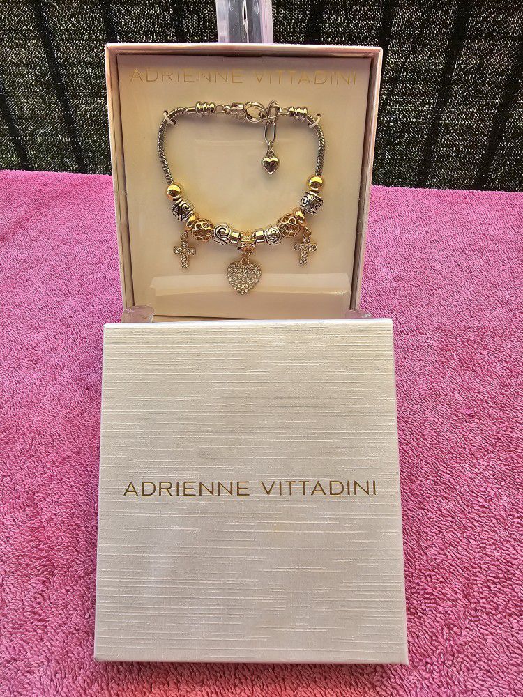Adrienne Vittadini Gold Silver Heart Cross Charm Bracelet Women's Jewlery