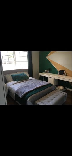 Full Sized Grey Upholstered Bed Frame and Matching Ottoman