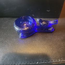 Blue Glass Bird on Branch Salt Cellar Dish 

