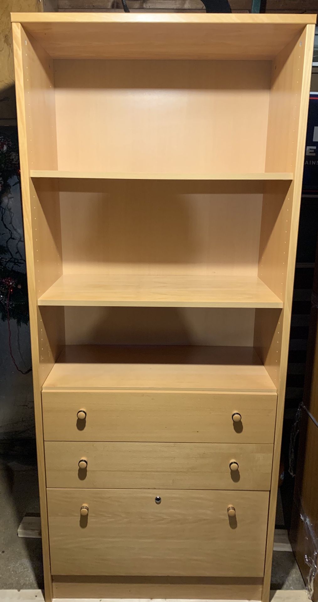 WOOD SHELVING UNIT W/Drawers